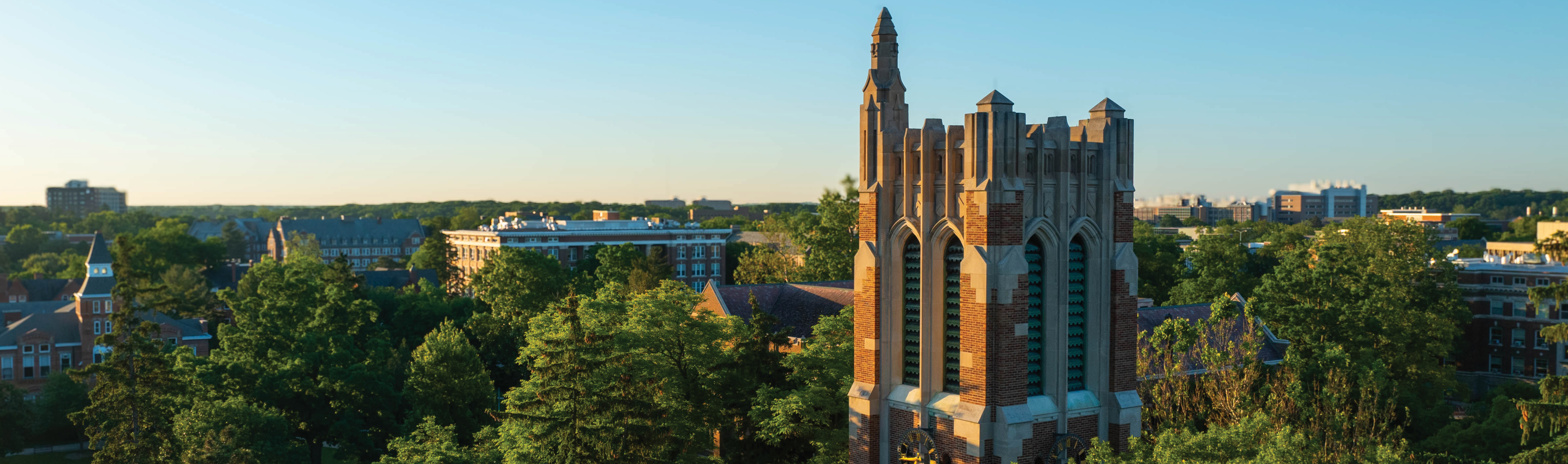 Aerial view of campus with the Beaumont Tower in the forefront.