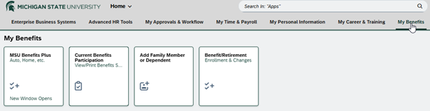 EBS Portal Top navigation showing My Benefits