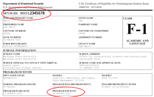 I‐20 F-1 I-20 # (SEVIS ID)